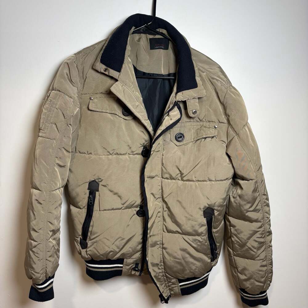 Zara Man Beige Puffer Bomber Jacket Size M